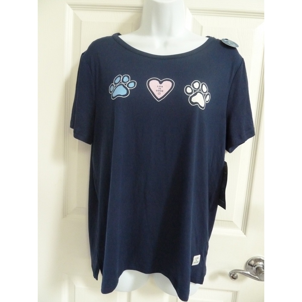 Life Is Good Women Blue Dog Paw Sleep Shirt Tee Pajama Top M WA4243-344-8SA
